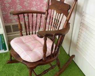 Vintage Pressback Oak Rocking Chair with Spindle Back
