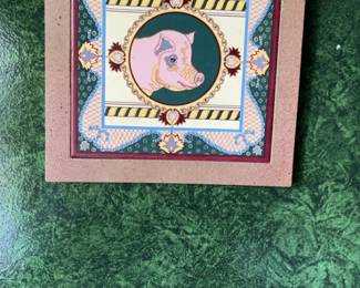 Framed Decorative Ceramic Pig Tile Art