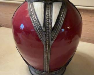 Vintage Moroccan Red Clay Vase with Metal and Bone Inlay