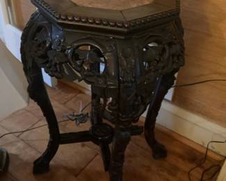 Ornate Hand-Carved Octagonal Plant Stand with Marble Inlay