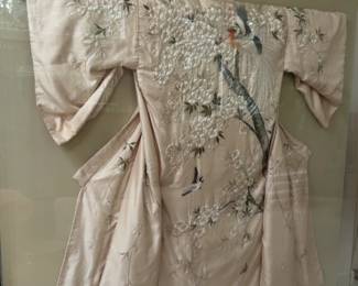 Embroidered Silk Kimono with Floral and Bird Motif