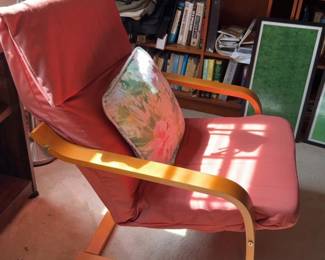 Bentwood Poäng Style Armchair with Red Cushion