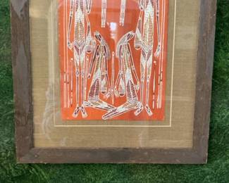 Framed Aboriginal Bark Painting with Figurative Motifs