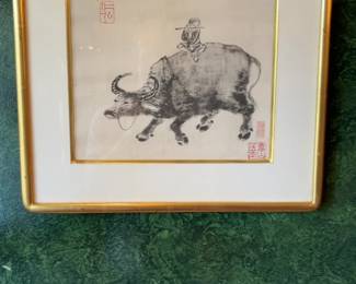 Vintage Chinese Ink Wash Painting of Boy on Water Buffalo