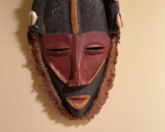 Vintage Hand-Carved African Wooden Mask with Cowrie Shell Accents