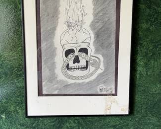 Original Framed Skull and Serpent Ink Drawing