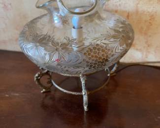 Vintage Etched Glass Ruffled Bowl Table Lamp with Brass Base