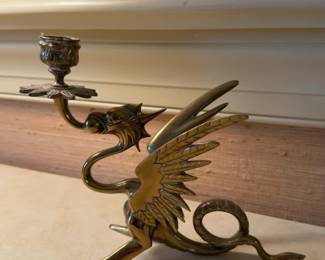 Set of Vintage Brass Winged Dragon Candlestick Holder - Sold as Set