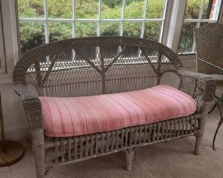 Vintage Wicker Settee with Striped Cushion