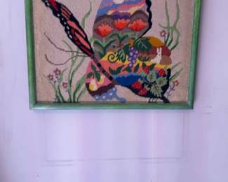 Framed Hand-Stitched Butterfly Needlepoint Wall Art