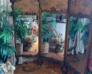 Ornate French Style Tri-Fold Vanity Mirror with Tapestry Panels