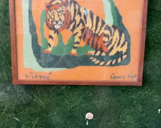 Vintage Framed Tiger Needlepoint Wall Art