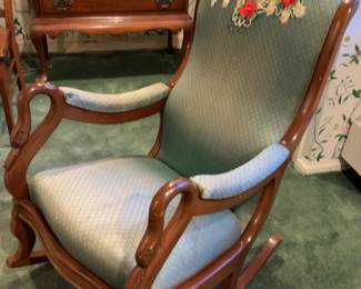 Vintage Swan Carved Wooden Rocking Chair with Upholstery