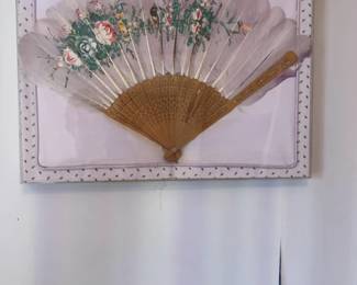 Vintage Hand-Painted Floral Feather Folding Fan with Ornate Wood Ribs