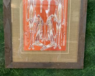 Framed Aboriginal Bark Painting with Figurative Motifs