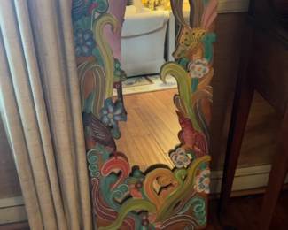 Hand-Carved Folk Art Wood Mirror with Painted Floral and Bird Details