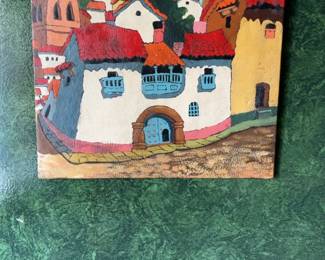 Spanish Colonial Style Folk Art Oil Painting of a Hillside Village