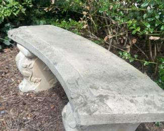 Curved Concrete Garden Bench with Floral Relief Details