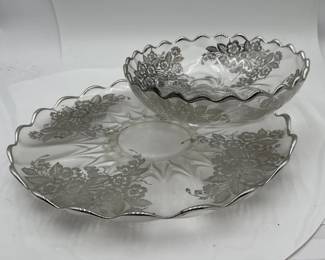 Glass Bowl  Plate With Sterling Silver Floral Overlay By Silver City Glass