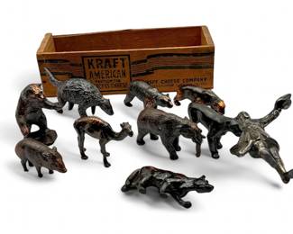 Collection of Miniature SlushCast Animal Figures in Kraft Cheese Box, c.1930s