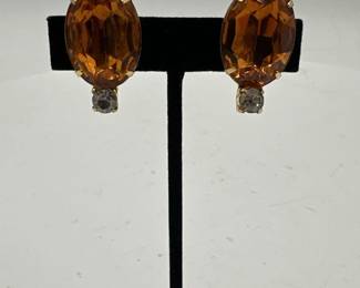 Pair Of VintageStyle Oval Faceted Amber Stone ClipOn Earrings