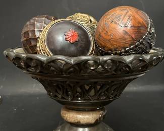 Brass And Marble Decorative Pedestal Bowl With Five Carved Orbs