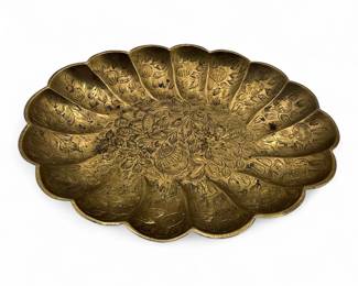Vintage Indian Brass Scalloped Oval Dish with Engraved Florals