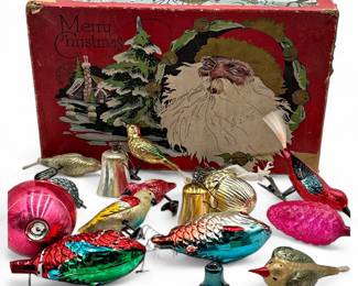 Vintage Mercury Glass Figural Christmas Ornaments with Auerbach Santa Box