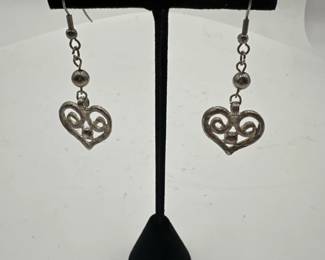 Pair Of SilverToned Dangle Earrings With Filigree Scrollwork Heart