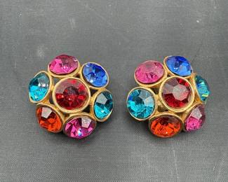 Pair Of Vintage ClipOn Earrings With MultiColored Rhinestone Clusters