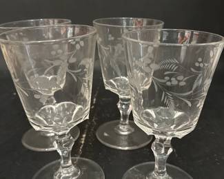 Set Of Four Vintage Etched Crystal Goblets