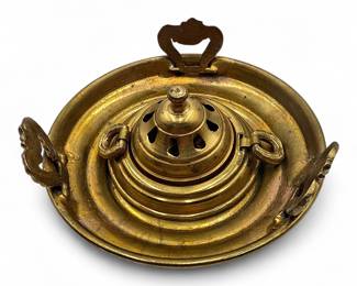 Vintage Indian Brass ThreePiece Incense Burner with Pierced Lid