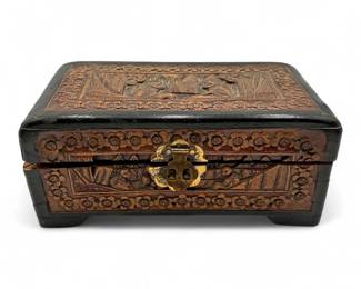 Vintage Chinese Export Carved Wooden Coin Bank Box