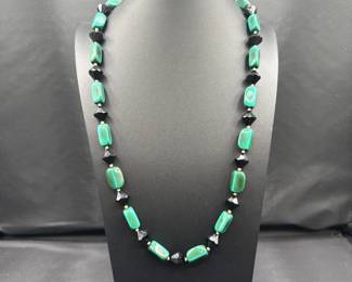 Vintage Czech Glass Necklace And Triangular Earrings.