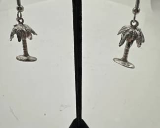 Pair Of Silver Tone Dangle Palm Tree Earrings