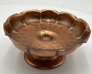 Vintage Hammered Copper Pedestal Bowl With Scalloped Edge