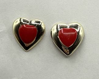 Pair Of HeartShaped Stud Earrings With Red Enamel Centers
