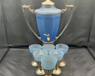 Vintage Blue Glass Samovar Set With Six Matching Footed Cups