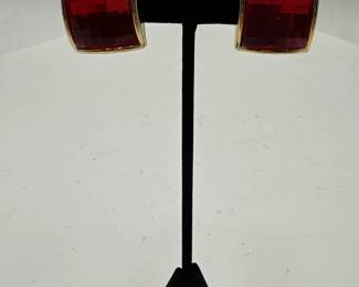 Pair Of Vintage Goldtone And Red Square Earrings