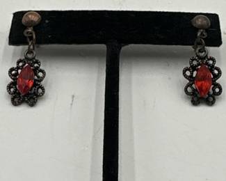 Pair Of Vintage Filigree Red Accent Dangle Earrings