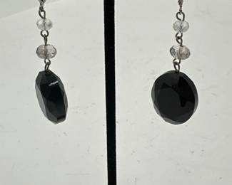 Pair Of SilverTone Drop Earrings With Black Glass Beads  Crystals
