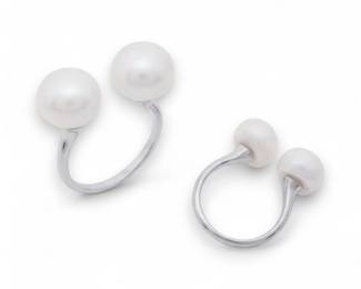 Double pearl bypass ring design featuring 10mm white pearls. Two views.