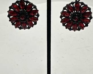 Pair Of Red Floral Rhinestone Earrings