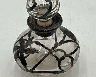 Antique Art Nouveau Perfume Bottle With Sterling Silver Overlay