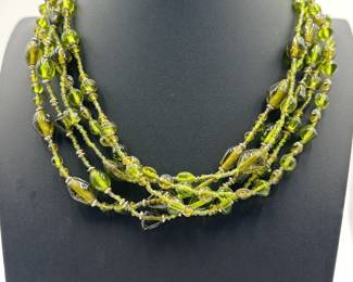 Vintage MultiStrand Necklace Featuring Grass Green Glass Beads