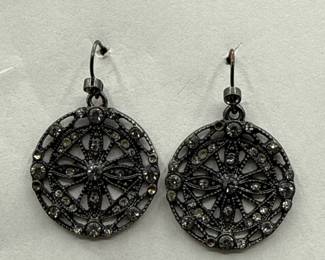 Pair Of Round Filigree Dangle Earrings With Crystal Accents