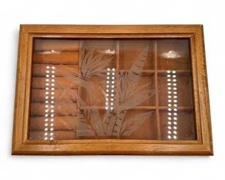Vintage Wooden Jewelry Box With Etched Glass Bird of Paradise Lid