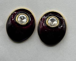 Pair Of Vintage Burgundy Enamel Earrings With Crystal Accent