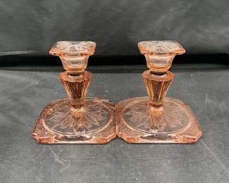 Pair Of Pink Depression Glass Candlesticks By the Jeannette Glass Co.