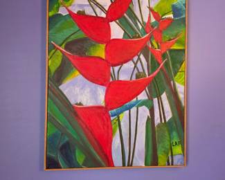 Contemporary Tropical Floral Painting Signed LAF Heliconia Canvas